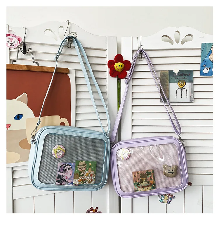 kwaii soft girl Messenger bag cute girl pu with insert shoulder transparent small square bag JK Baji pin ita bag