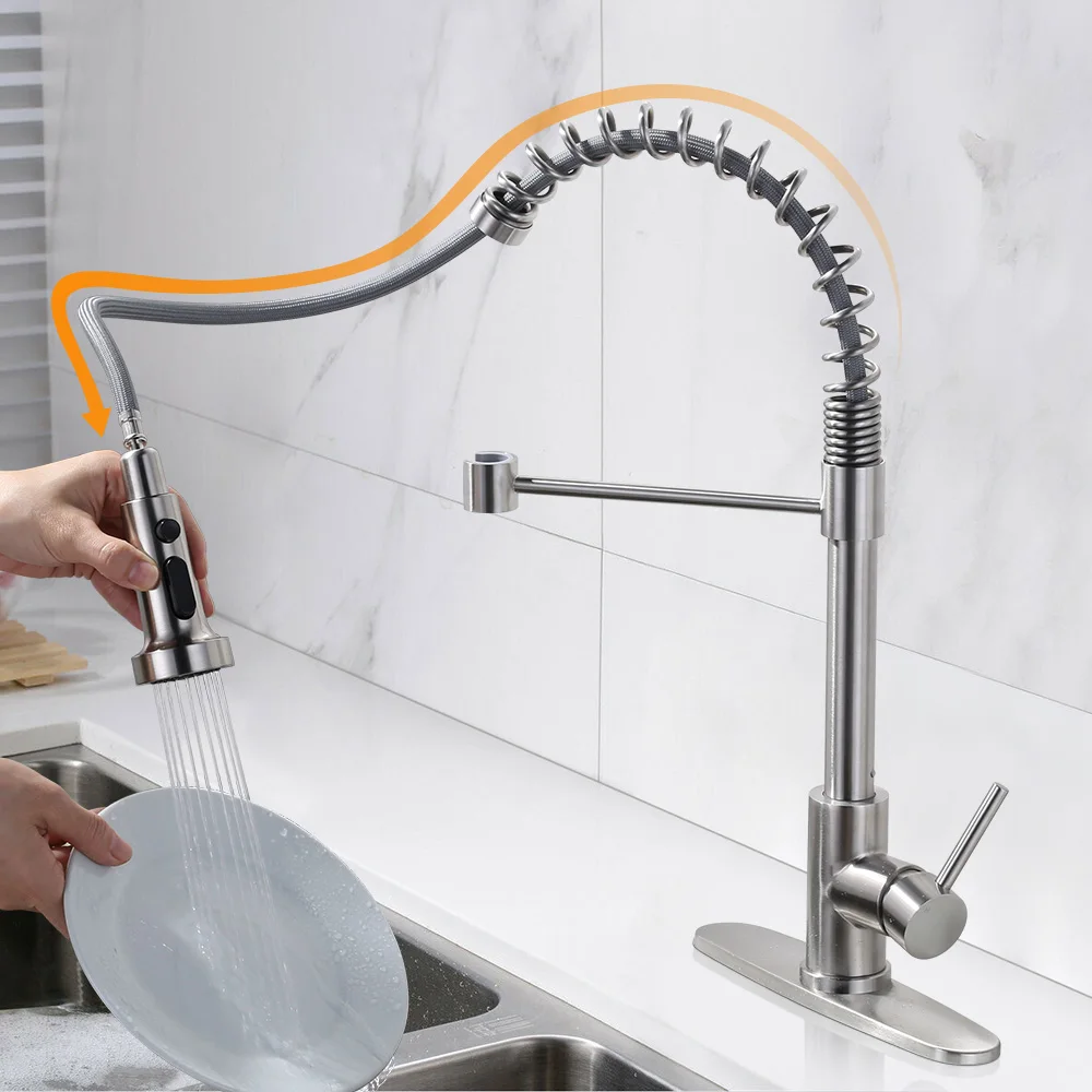 Stainless Steel Spring Kitchen Faucet Single Hole with Deck Plate Pull Out Kitchen Sink Mixer Tap