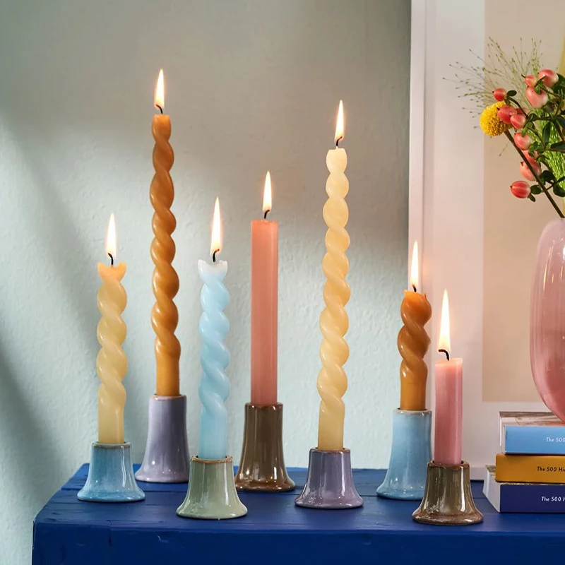 QIJIE Creative Art Column Wave Soy Wax White Cylinder Taper Candle Geometric Smooth Lines Striped Twisted Taper Candles Sticks