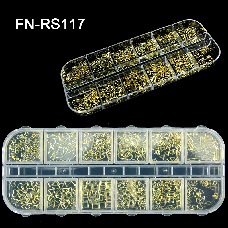 wholesale stock boxes gold 12 designs 3D Metal nail art decoration kit accessories for Beauty Charms Rivet