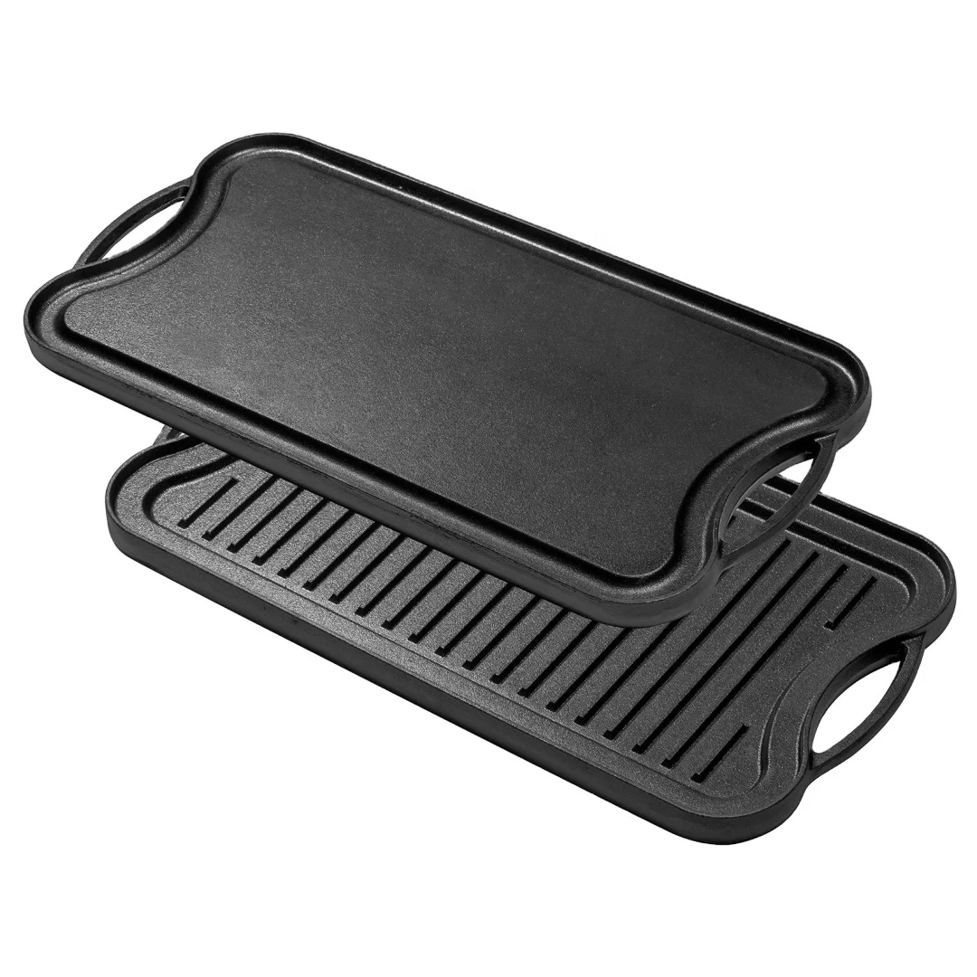 rectangle pre seasoned cast iron rectangular double sided reversible bbq grill pan griddle plate and flat surface non stick