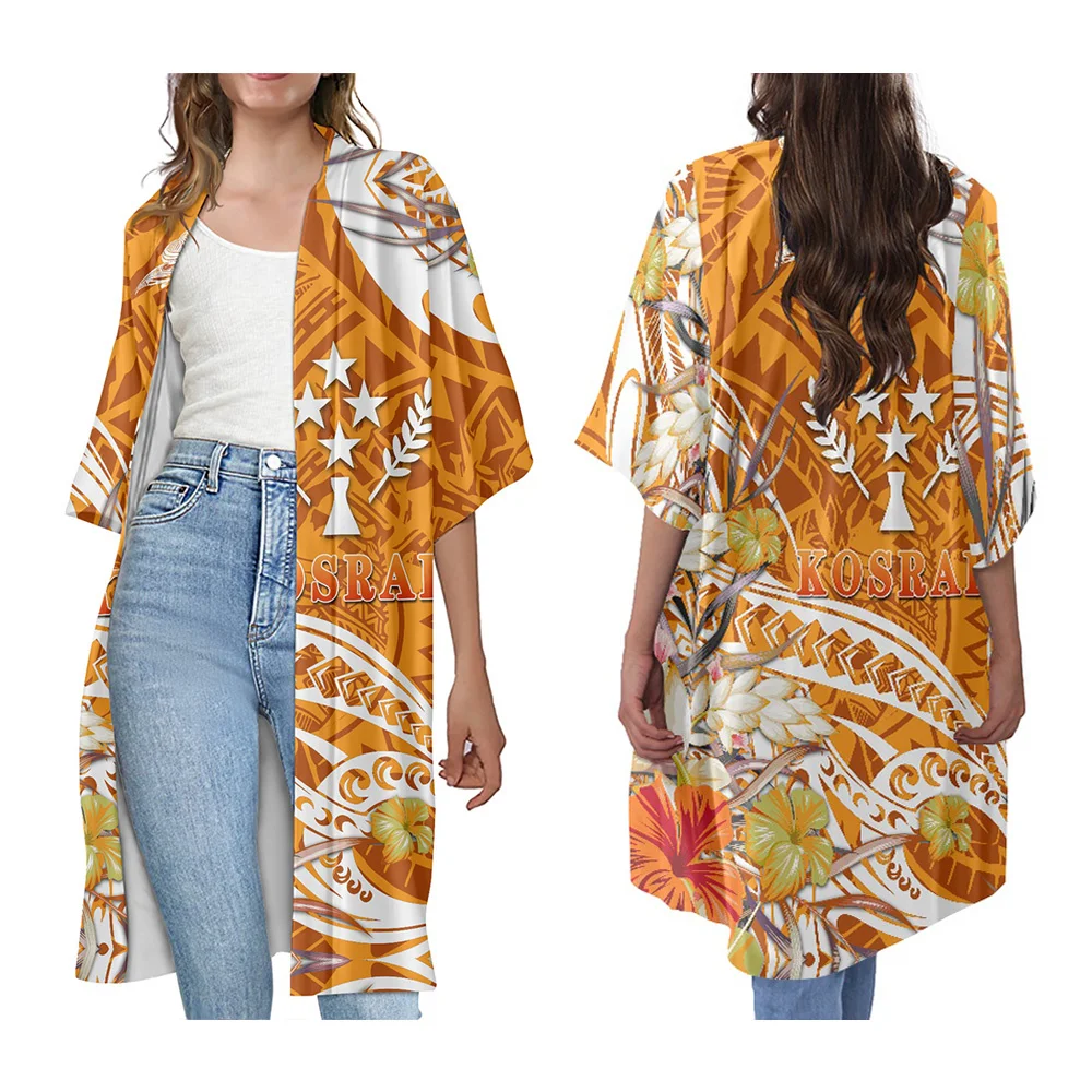 Print On Demand Open Front Cardigan Polynesian Tribal Kosrae Islands Floral Printed 3/4 Bell Sleeve Coat Lightweight Long Kimono