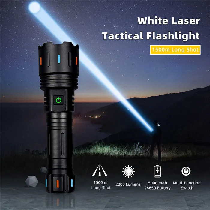 1500 Meter 30W Powerful White Laser Led Flashlight USB-C Rechargeable Powerful Torch Tactical White Hunting led flashlight