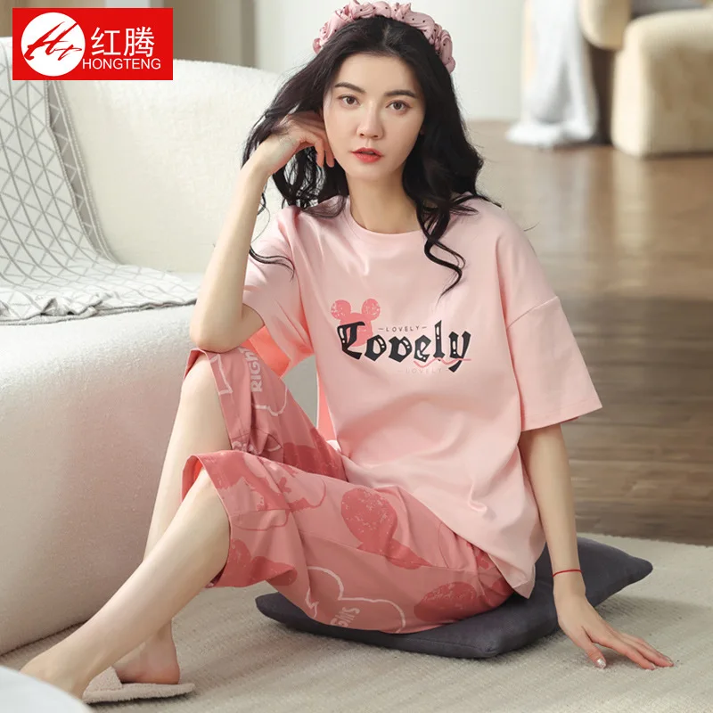Wholesale sales 2024 summer cotton pajamas women short sleeve capri pants sweet casual summer comfortable home wear two sets