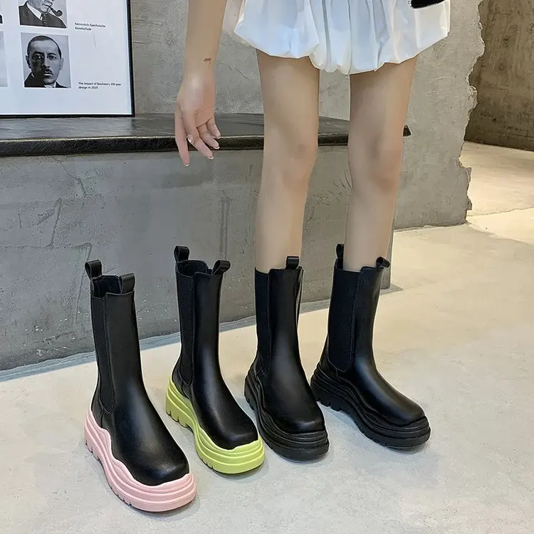 2022 Winter Women Boots Round Toe Green Pink Bottom Chunky Heel Women Platform Boots Double Colorblock Martin Boots