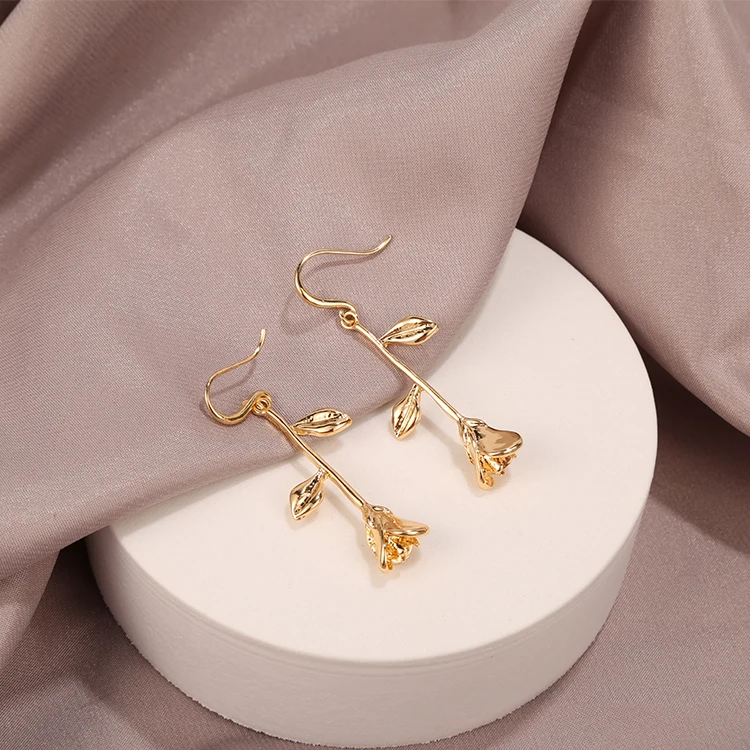 Elegant Women Rose Flower Earrings Gold Plated Rose Flower Jewelry Female Simple Rose Drop Earrings