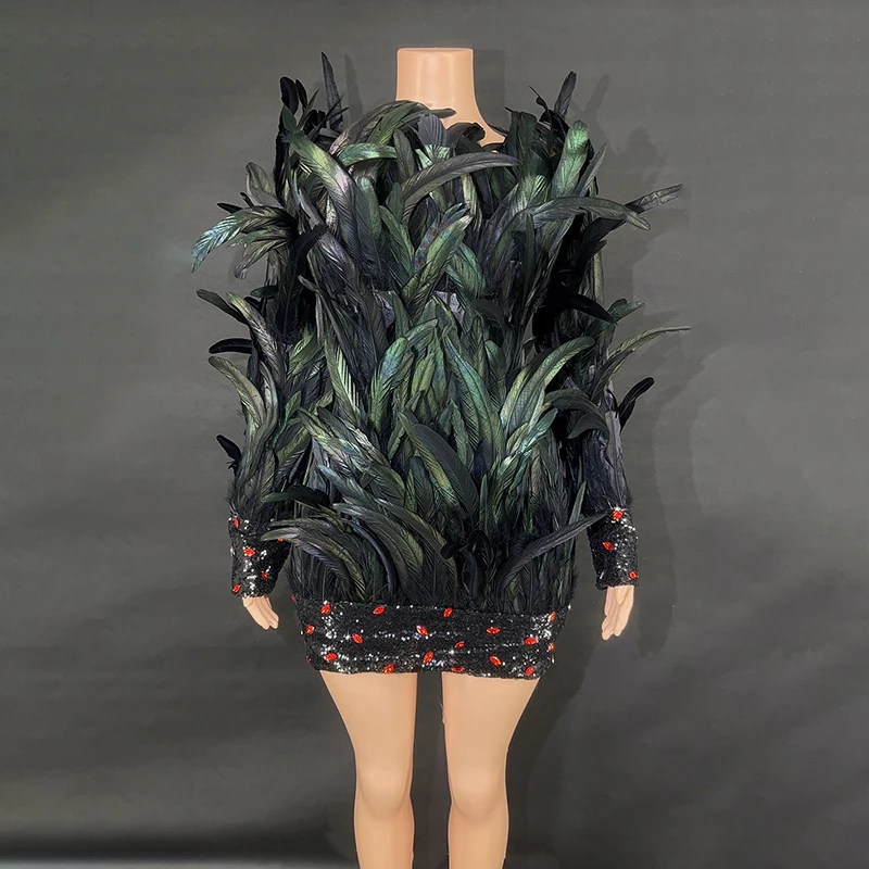 cocktail dresses  Black Sexy Ostrich Feather Dress Long Sleeves Elegant Short Evening Dresses For Women