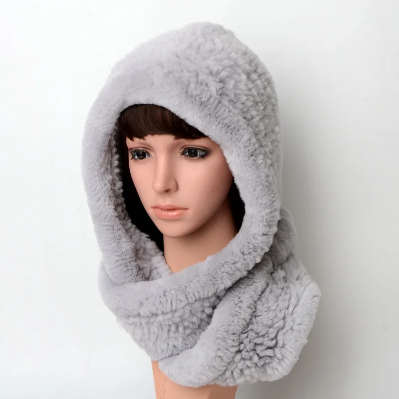 Real Rabbit Fur Tie Dye Hood Handmade Snood Scarf for Women Wholesale Warm Winter Colorful Fuzzy Fur Infinity Scarf Hat Set