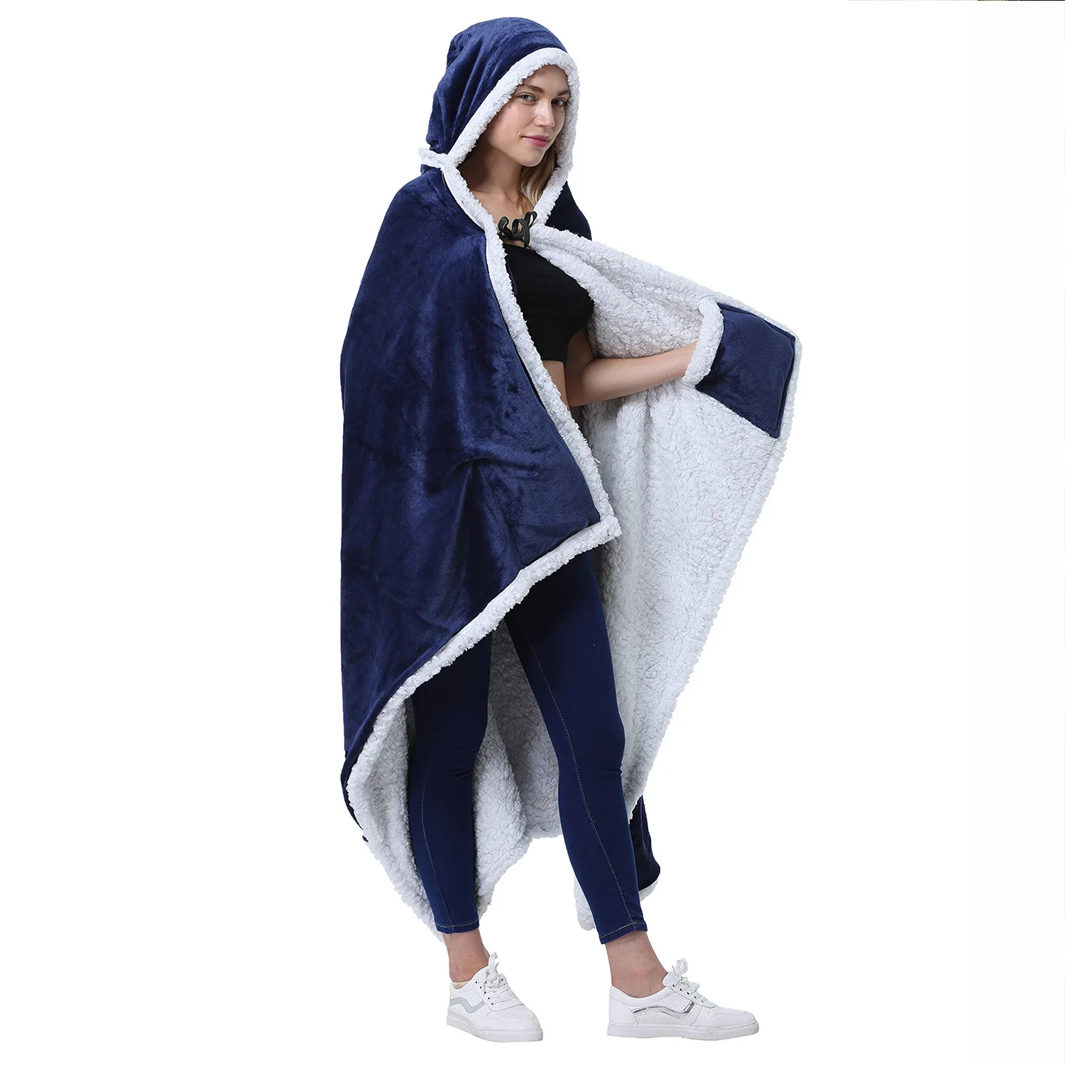 Factory Hotsale Wearable Blanket Hoodie Gifts for Ladies Printed Warm Blanket Sweatshirt Hoodie Blanket with Half Sleeves