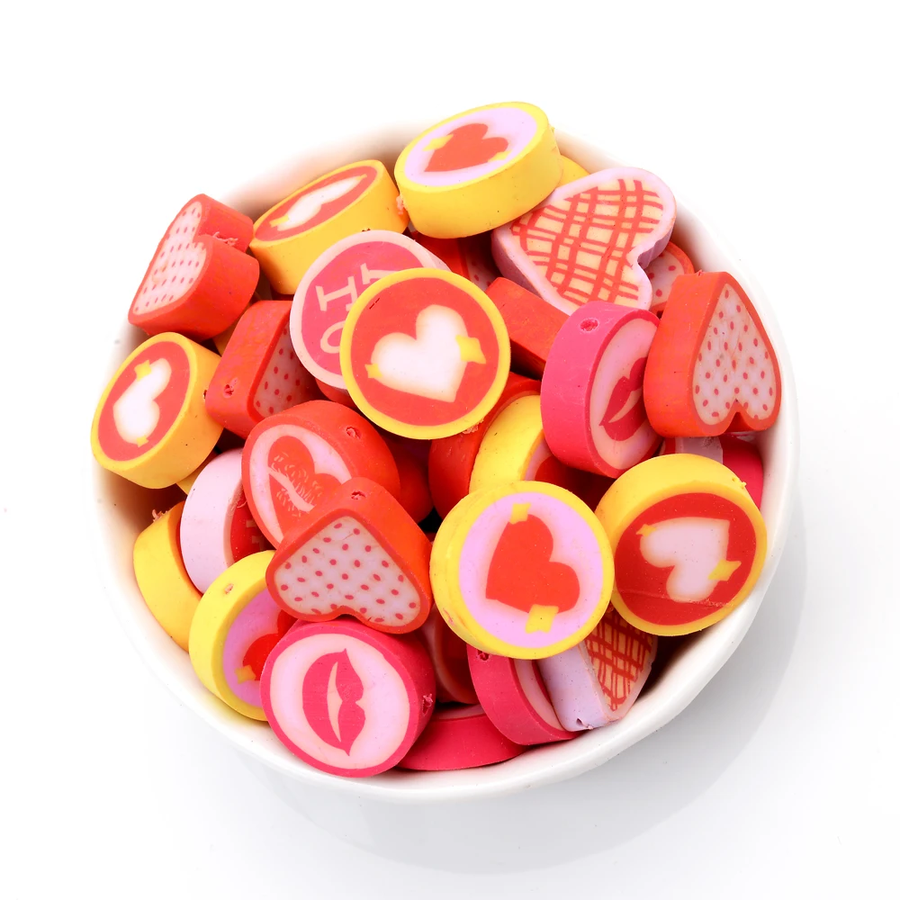 10Pcs/Lot 15mm Heart Polymer Clay Beads 8 Style Love Stripe Heart Space Beads For Jewelry Making Bracelet DIY Home Craft