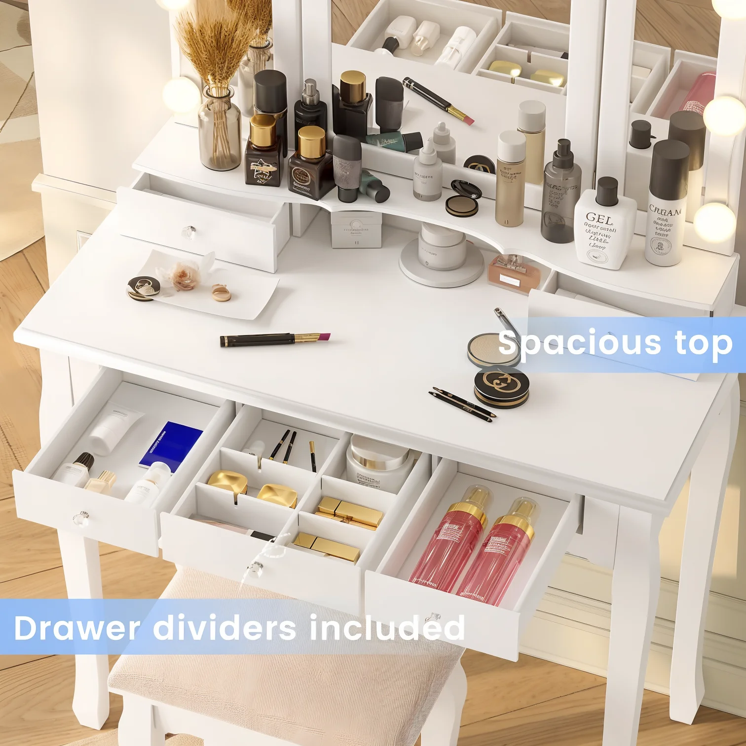 Makeup Vanity with Lighted Mirror & Stool, White Vanity Desk Set with 5 Drawers, 3 Light Settings, Adjustable Brightness