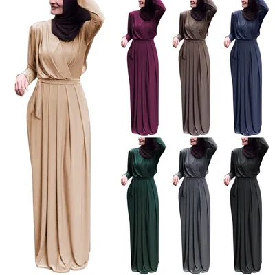 New Islamic Clothing Muslim Abaya Latest plain pleated design women long modest dress casual muslim maxi  Long Robe Muslim Dress