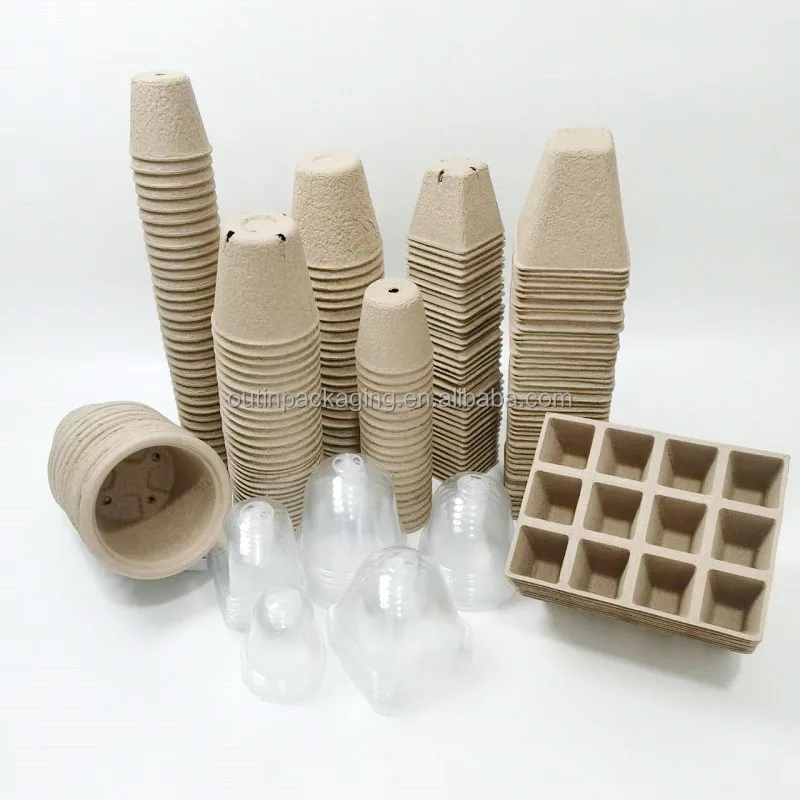Eco-friendly paper pulp nursery cup square round biodegradable plant starter seedling trays gardening plants peat pots with dome