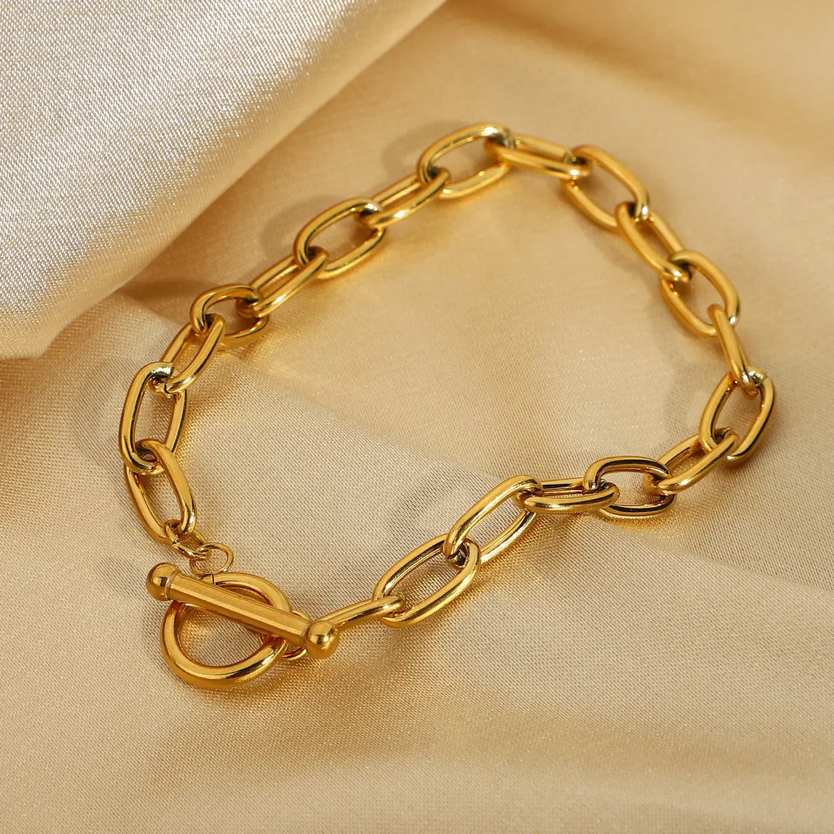 Wholesale Stainless Steel Jewelry Oval Link Paper Clip 18k Gold-plated Toggle Bar and Ring Bracelet Fashion Jewelry