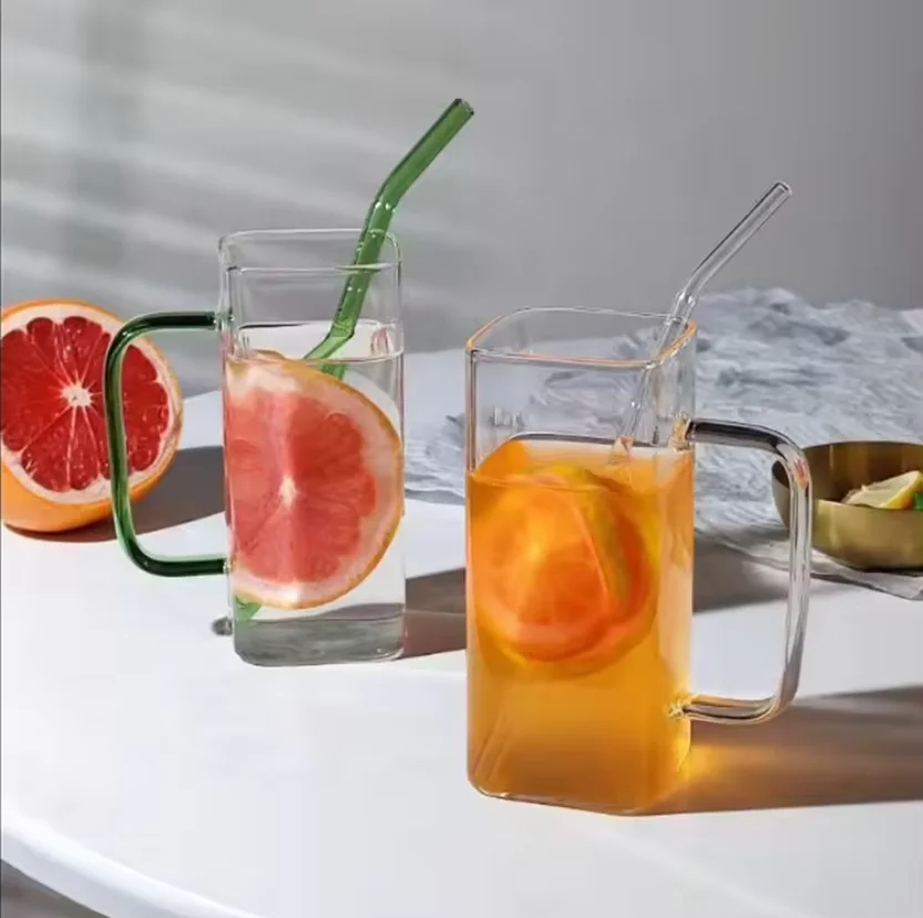 Hot Sale Square high borosilicate glass cup Heat Resistant Transparent Coffee Glass Cups Mug With Color Handle
