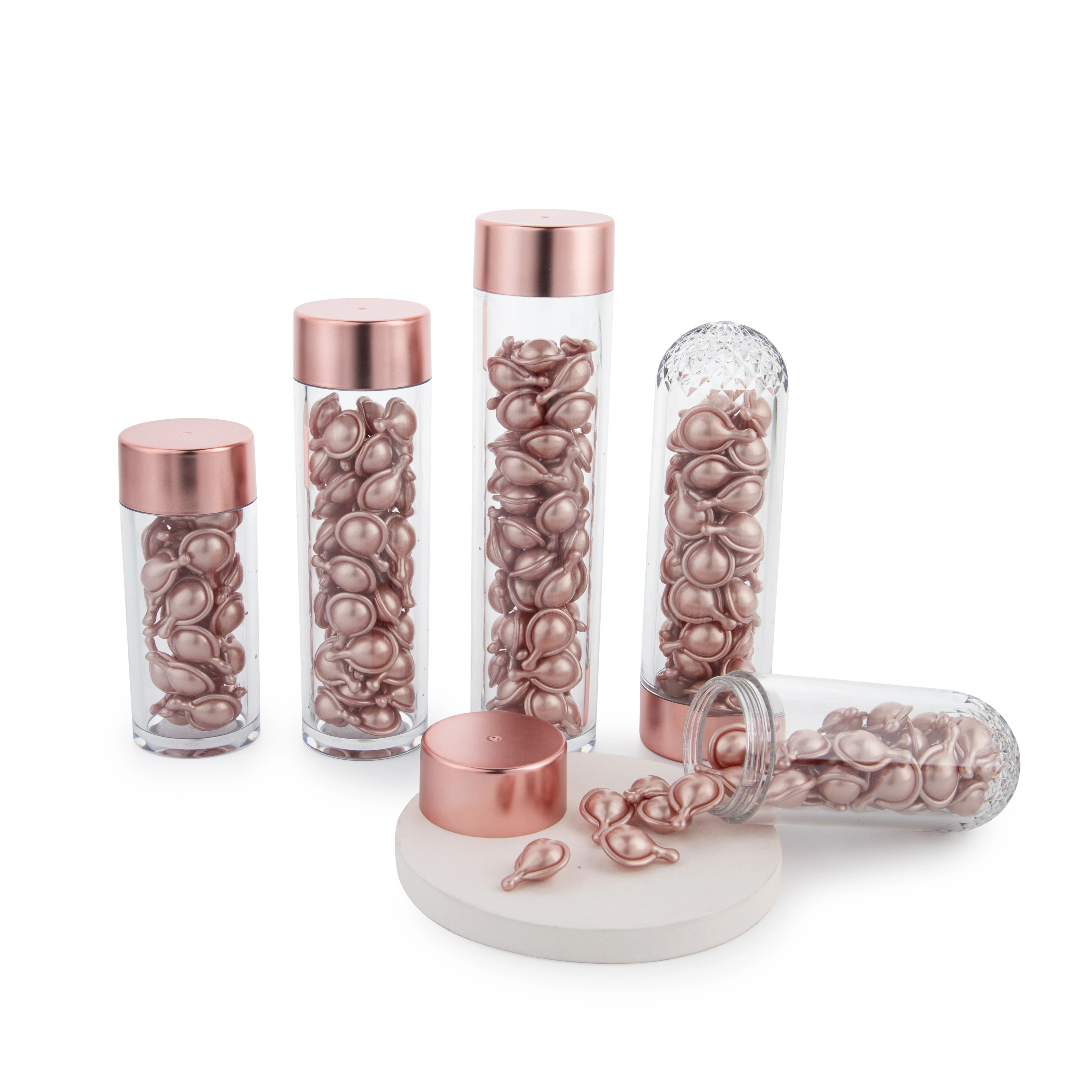 Wholesale 50ml 80ml 100ml 55ml 75ml PET plastic transparent round bottom essence capsule pill bottle container