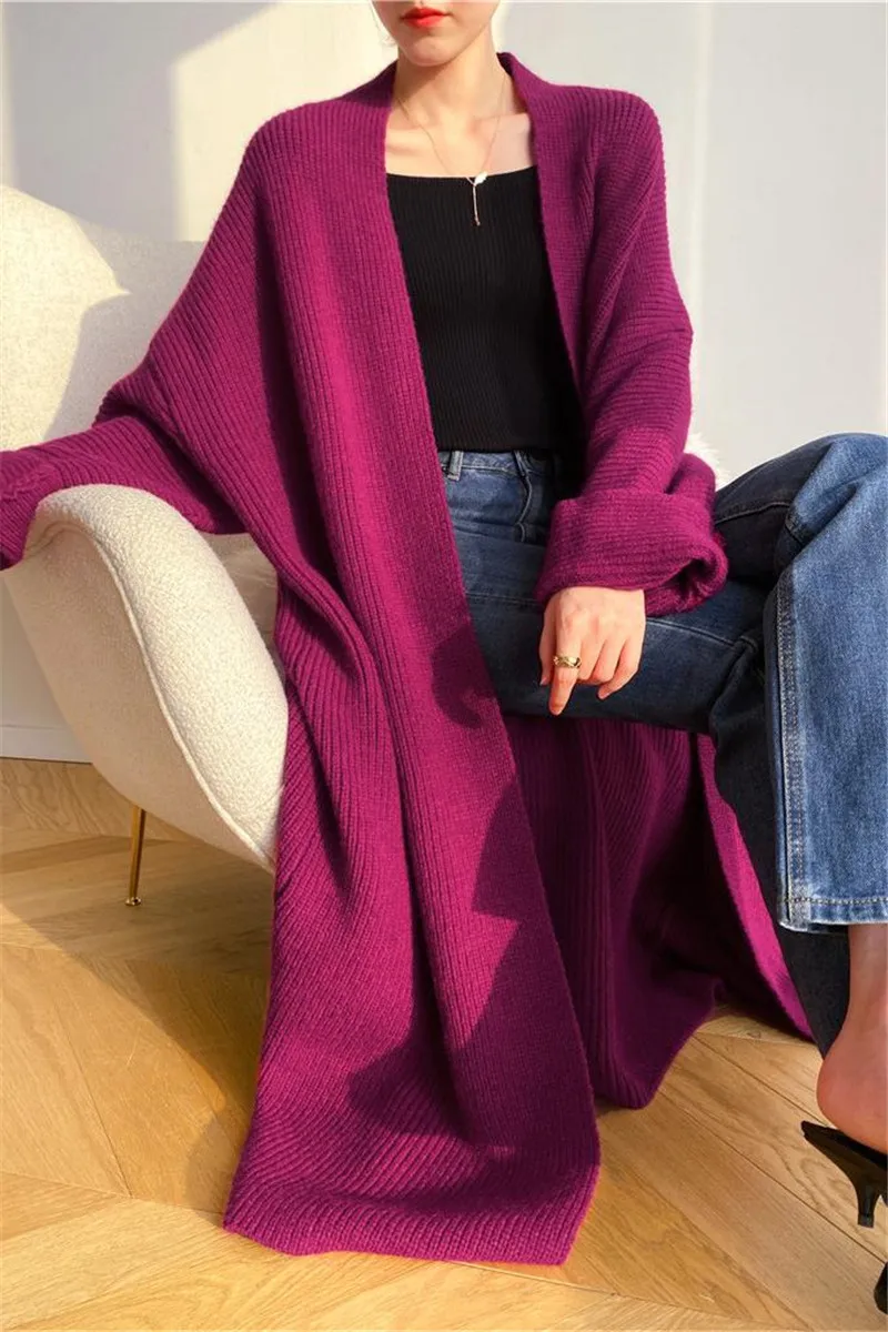 Winter thick knitted long sweaters cardigan casual loose pullover maxi knitwear plain rib midi cardigans for women
