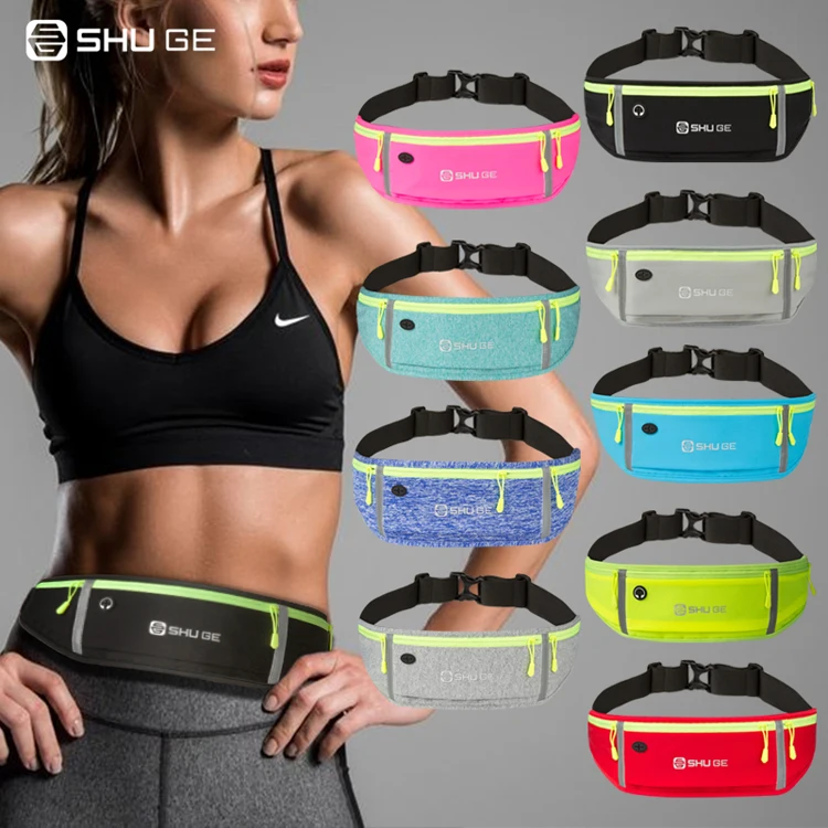 Nylon fabric waterproof Multi Pocket running waist bag sports fitness bag with headphone hole for wired headphones