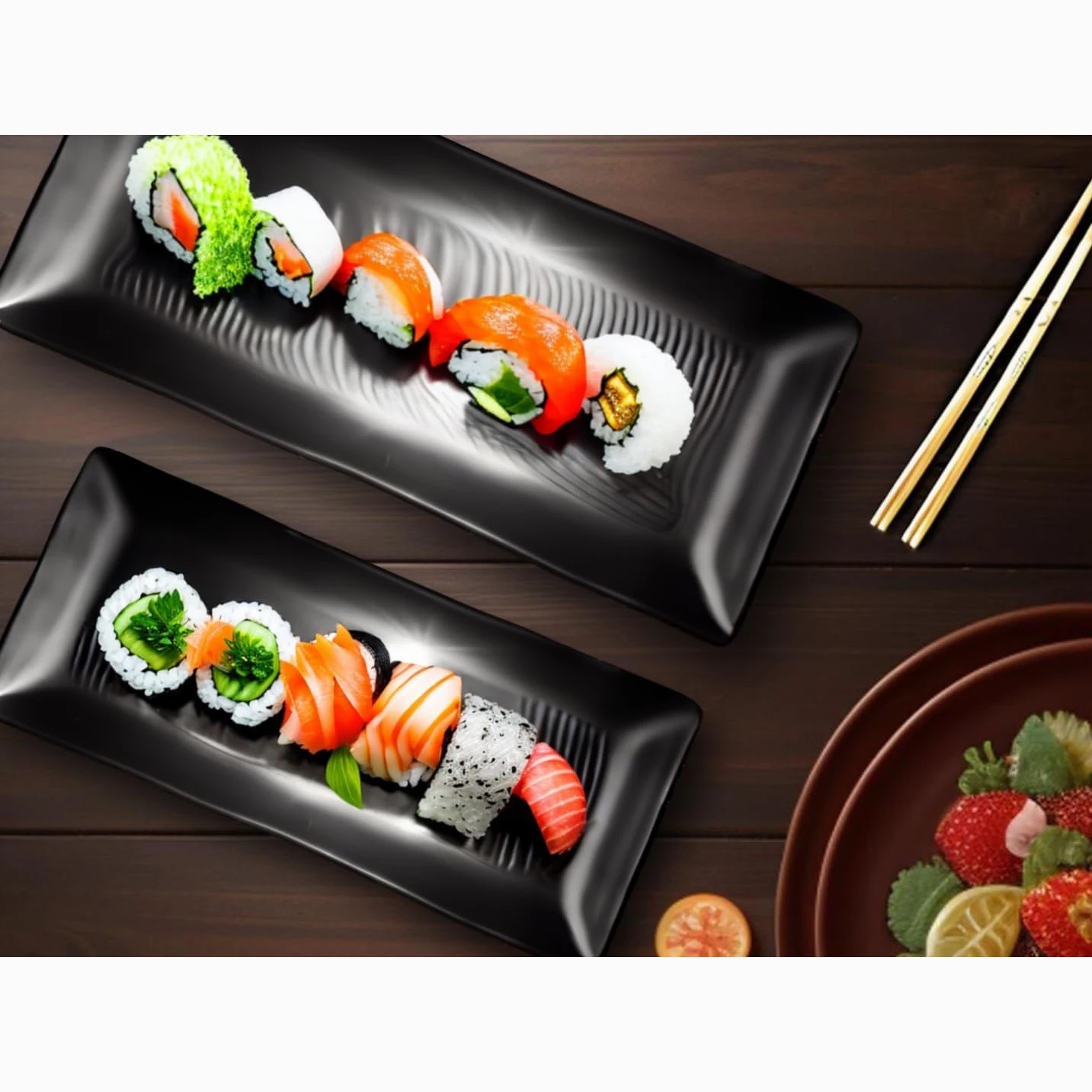 Restaurant tableware Sushi and Barbecue Serving black rectangular melamine plates and dishes set