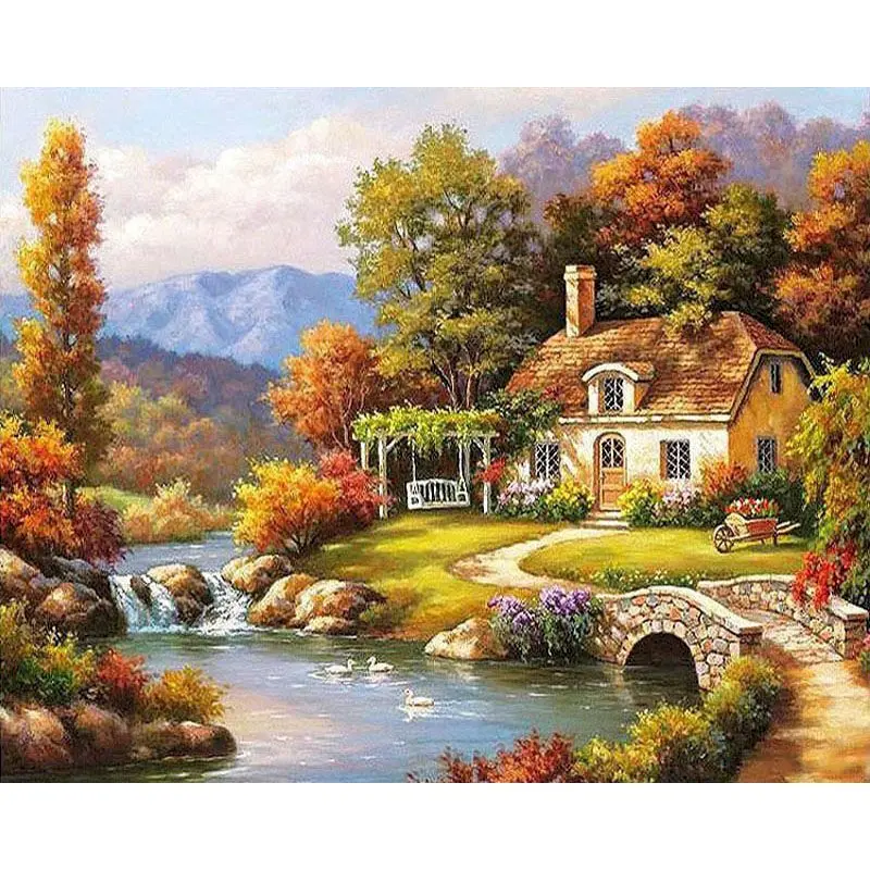 30x40 DIY handmade round full diamond landscape lakeside boat  painting Digital oil painting