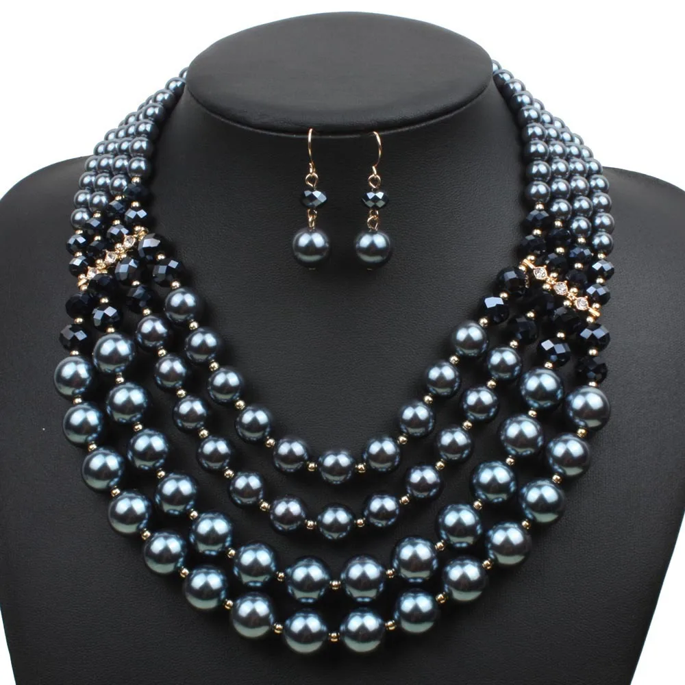  2021 High Quality Handmade Multilayer Faux Pearl Bead necklace and earrings Jewelry for