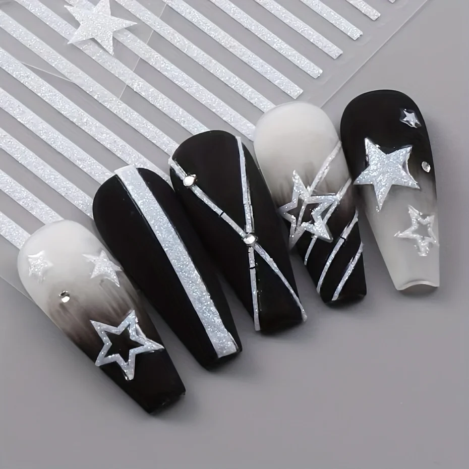 French Nail Art Stickers Self Adhesive Glitter Swirl Line Design Nail Art Decals for Decoration Supplies for Women and Girls