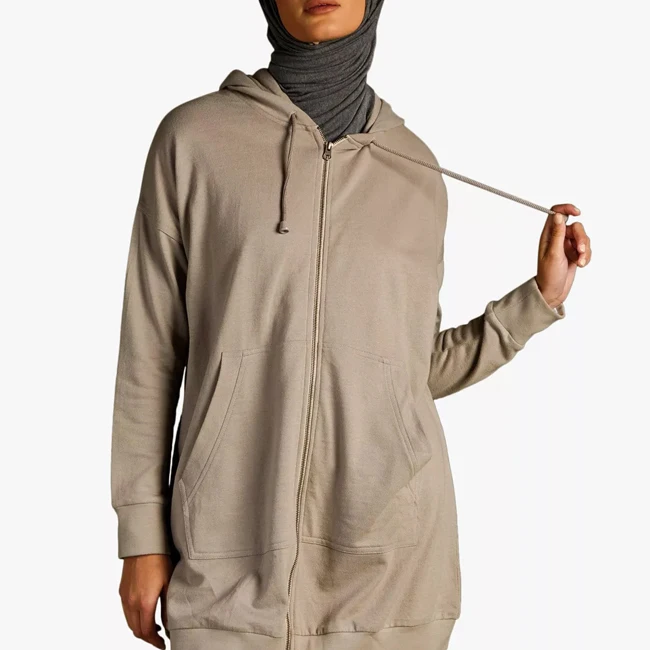 Custom Fall Winter Islamic Clothing Women Gym Sportswear Oversized 100% Cotton Sweatshirt Muslim Zip Up Modest Hoodie