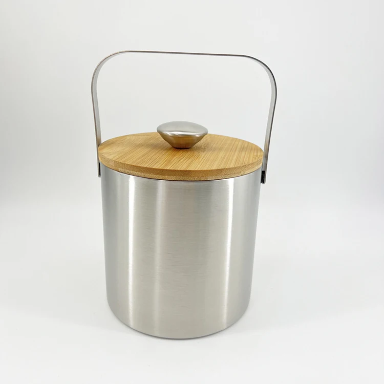 1.3L Double Walled Insulated Stainless Steel Ice Bucket for Wine Cocktail Party with Bamboo Lid & Tong