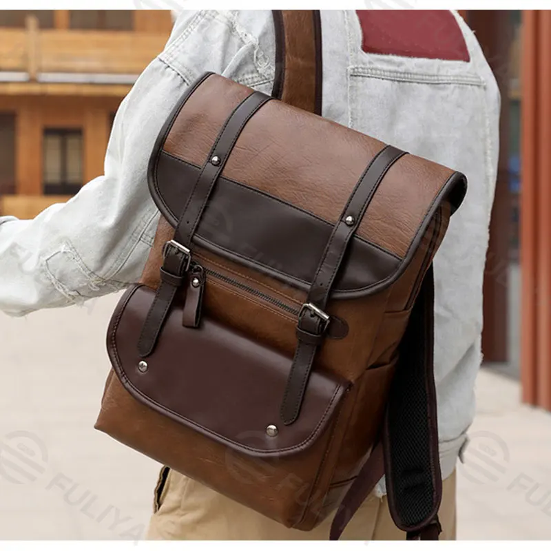 FULIYA Custom Logo Wholesale PU Leather Backpack 15.6 Inch Laptop Business Bag School Backpack Leisure Mens Backpack