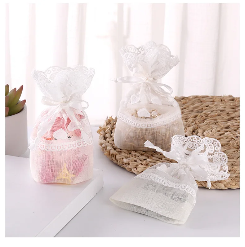 Wholesale Small Drawstring Pouches White Organza Lace Jewelry Pouches and Candy Pouches for Weddings and Parties