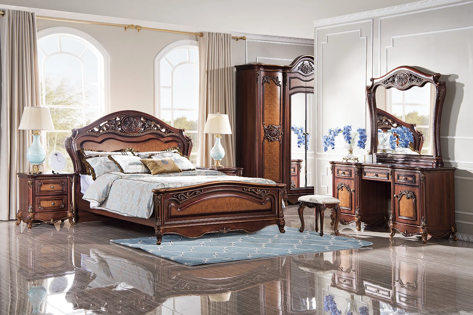 Professional Factory European Classic Style Bedroom Furniture Bedroom 4 Door Wardrobes King Size Bedroom Sets GD18