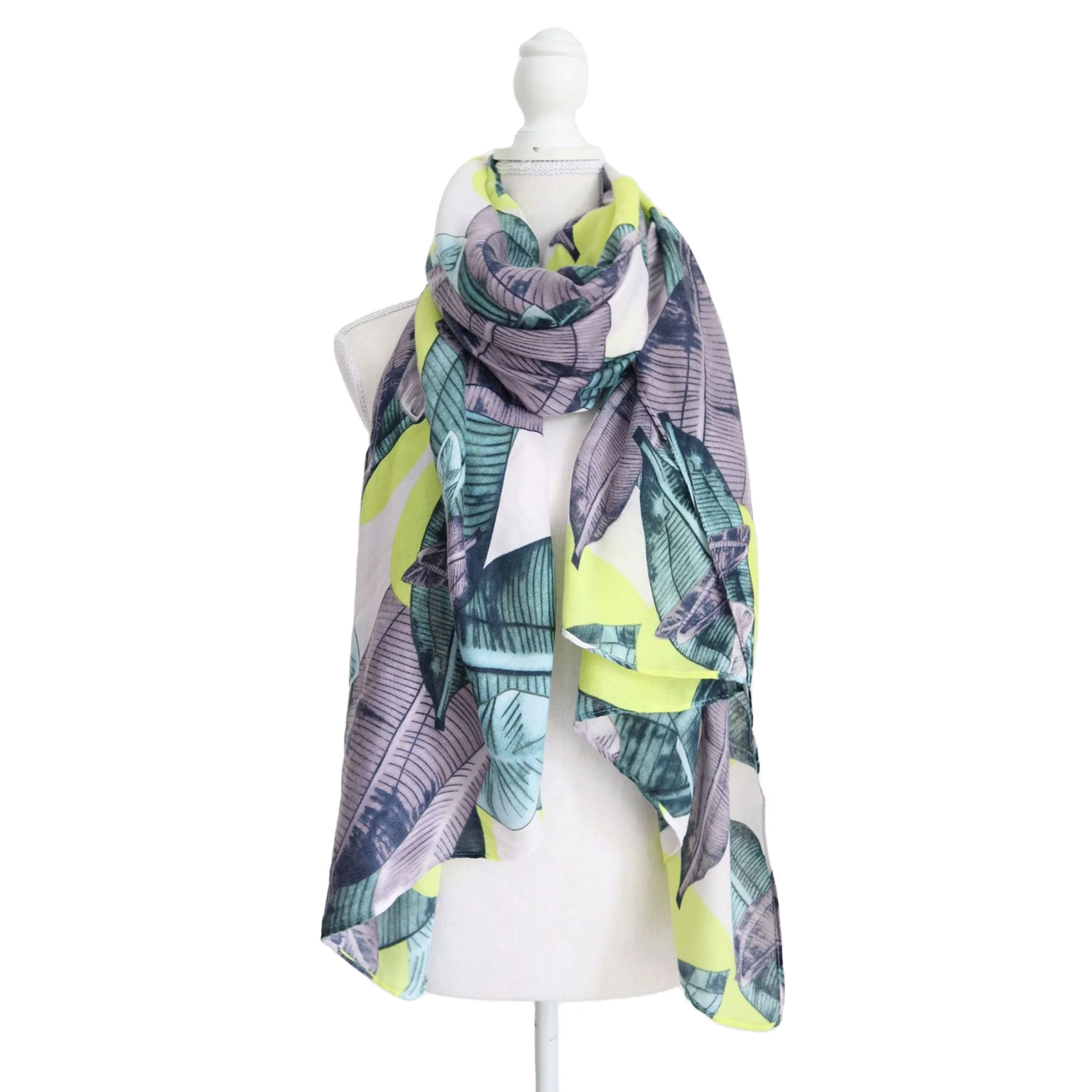 Hijab 2021  Fluorescent color plants  printed scarfs custom cotton linen light weight beach shawl