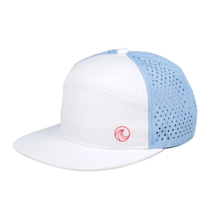 Custom High Quality 7 Panel Laser Cutting Hole Perforated Hat,Red PVC Rubber Patch Logo Snapback Caps