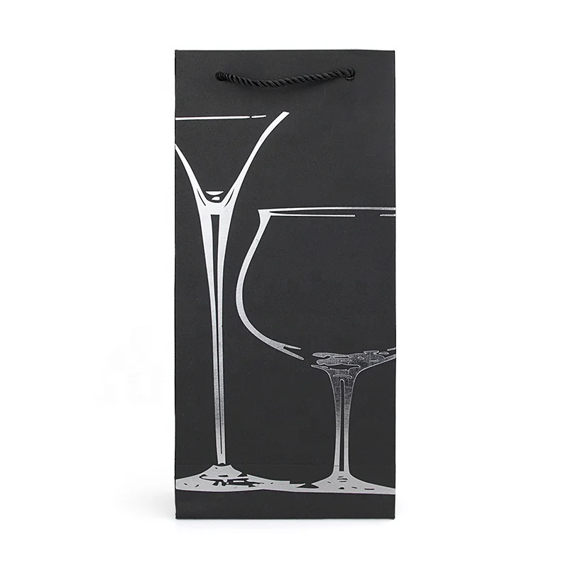Factory direct sale black wine bags with handles Wholesale two bottle pack red wine paper bag