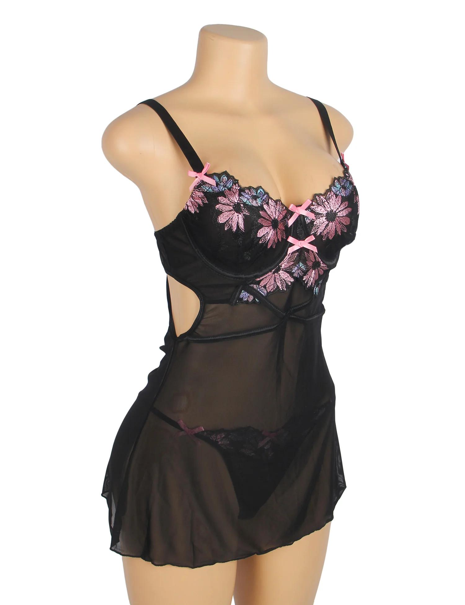 Black Sexy Mesh Floral Embroidery Lift Bra Suspender Costume Ladies Flirting Nightdress Sleepwear Sex Lingerie