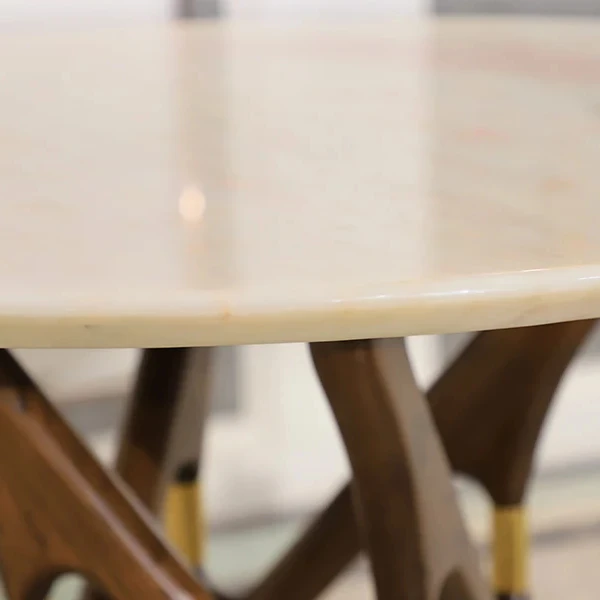 Minimalist Design 0ak Circle Table 4 6 Seater Round Shape Marble Top With Wooden Legs Dining Table Set