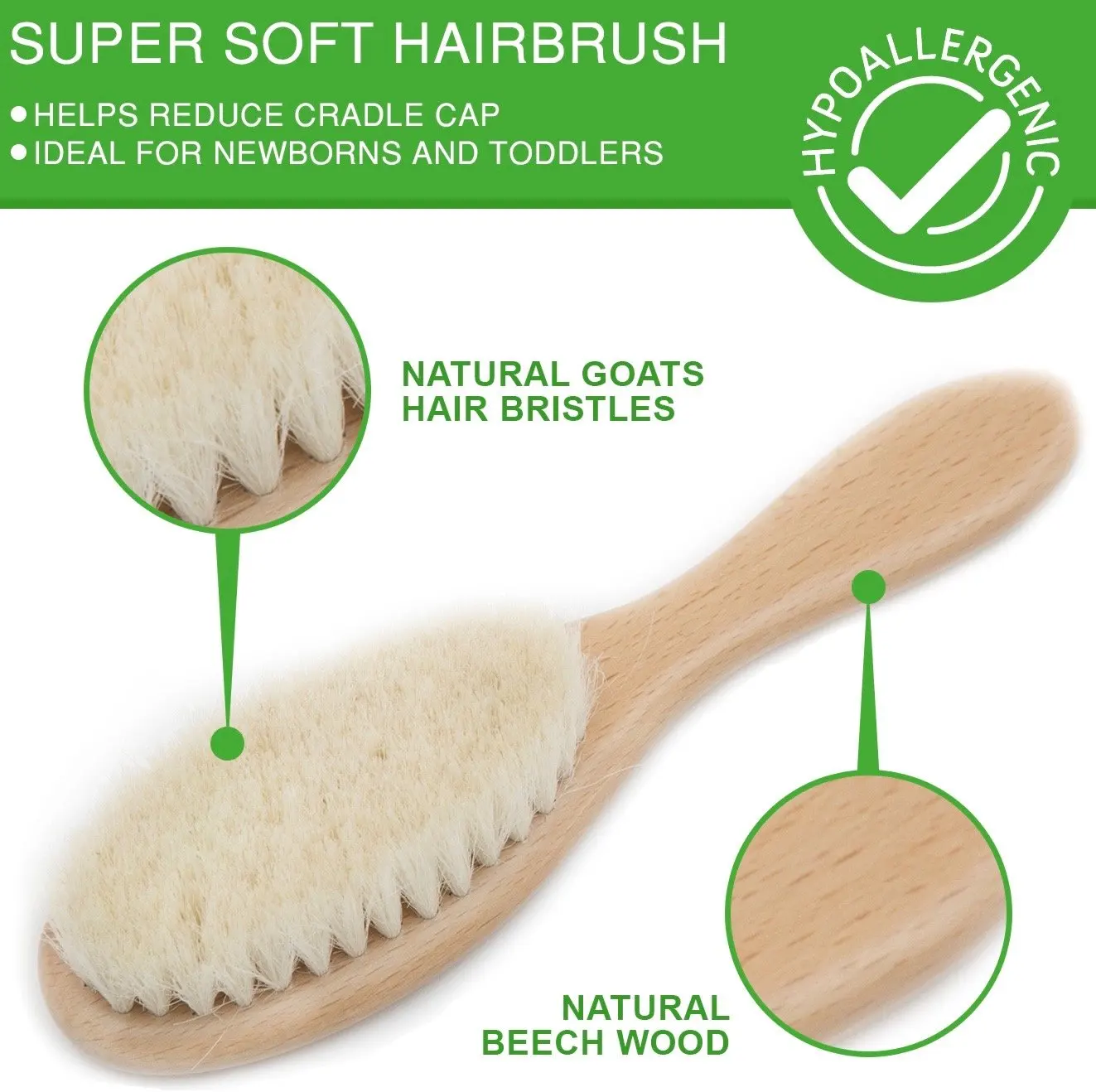 Natural Goat Bristles Brush for Cradle Cap Treatment newborn and toddler wooden baby hair brush and comb set