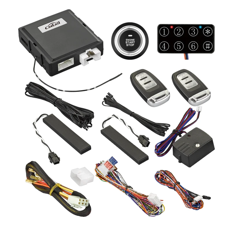 PKE smart key car alarm keyless push button start system with remote engine start and shock sensor