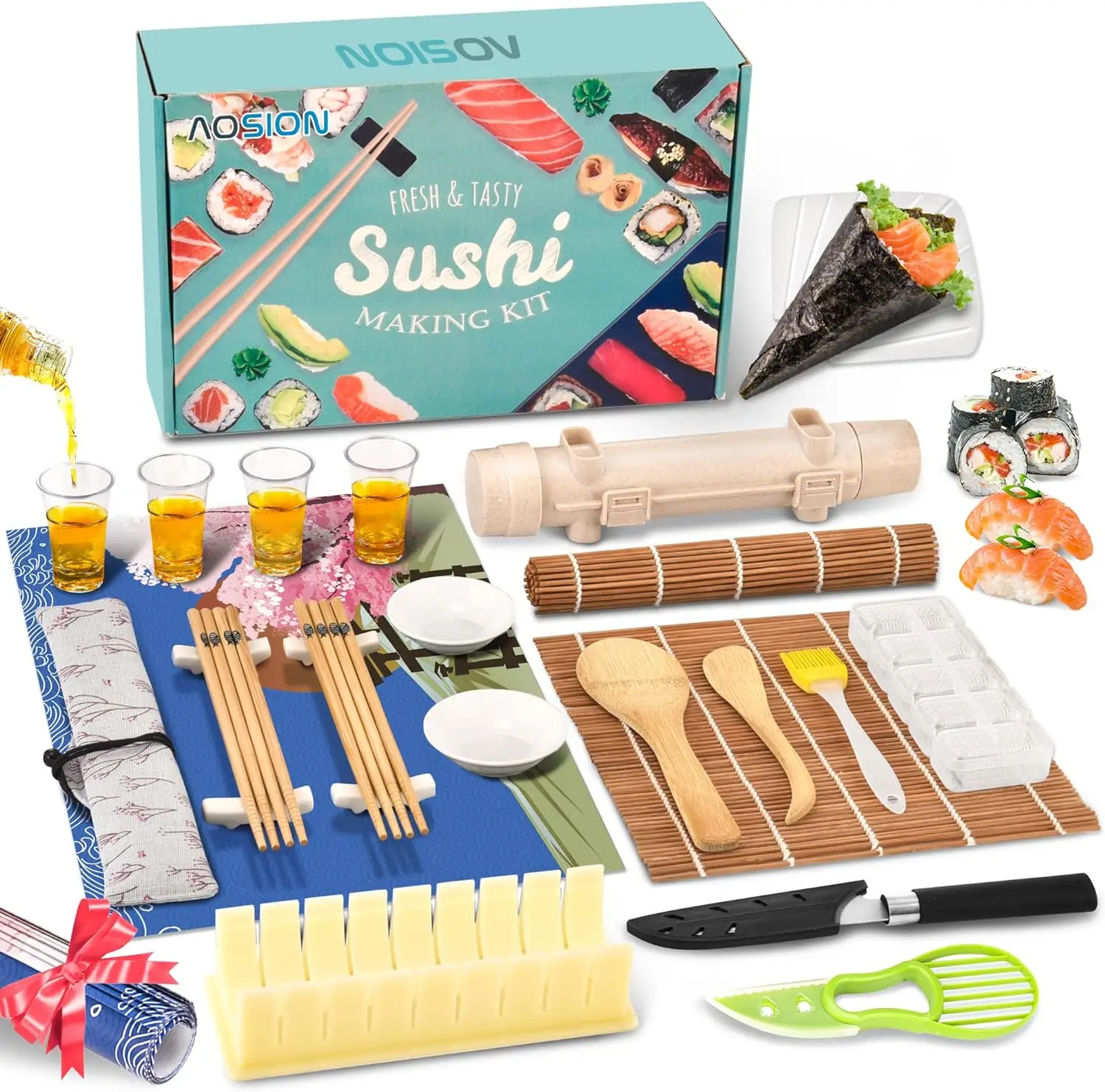 Sushi Making Kit 24 DIY Sushi Maker Kit with Bazooka Roller Mold Knife Bamboo Rolling Mat Spreader Chop
