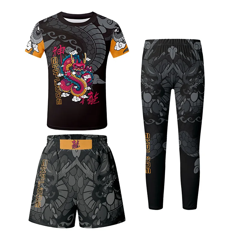 Custom 85% poleyter and 15% Nylon kids boys sublimation printed mma bjj rash guard set compression boys t shirt sports shorts