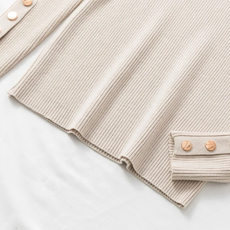 Winter Knitting Pullover Women O Neck Sweater Top Casual Basic Slim Knitwear Jumper Long Sleeve Rib Knit Button Girls Clothes