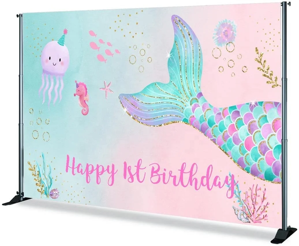 Mermaid Birthday Background Banner Under Sea Girl Princess Baby Shower Party Decoration Blue Purple Scales Backdrop