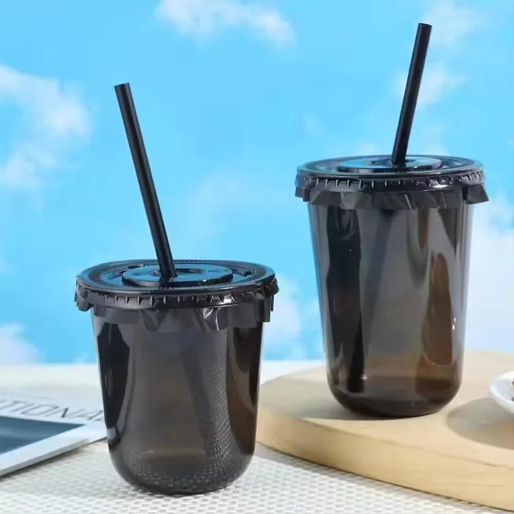 Black Pet Cup U Shape PET Juice Bubble Tea Cup 10oz 12oz 14oz 16oz 300ml 360ml 400ml 500ml U Shape Plastic Cups with Lids