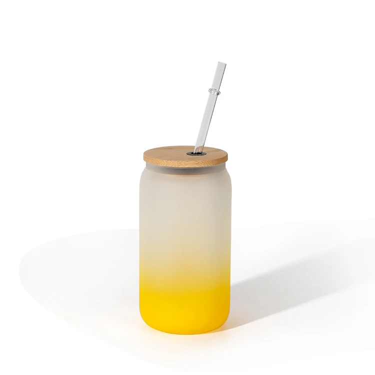 New Arrival 16oz Frosted Glass Gradient Color Bottom Soda Can Coke Can Mug With Bamboo Lid