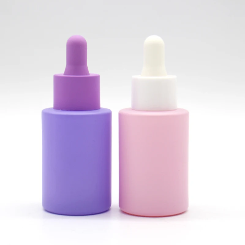 Customize 30ml cosmetic perfume essence 1oz 2oz  frosted glass essential oil pink dropper bottle dropper with box packaging