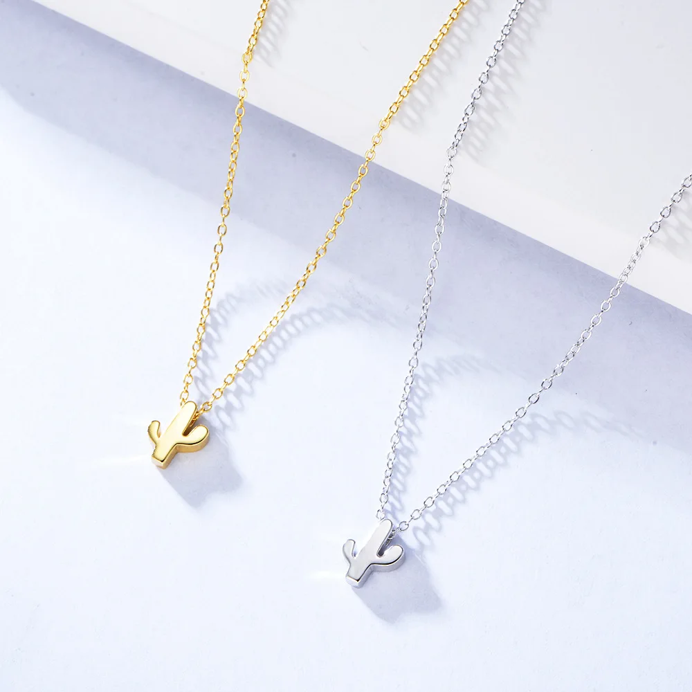 Dylam Necklace Sterling Silver Jewelry Minimal Charm 18K Gold Plated Women Pendant Small Cactus Necklace
