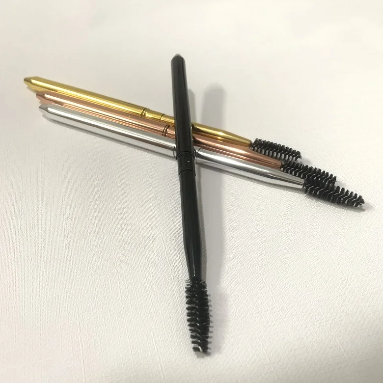 Custom logo metal eye brow makeup brush rose gold retractable eyelash spoolie brush with lid mascara makeup tools