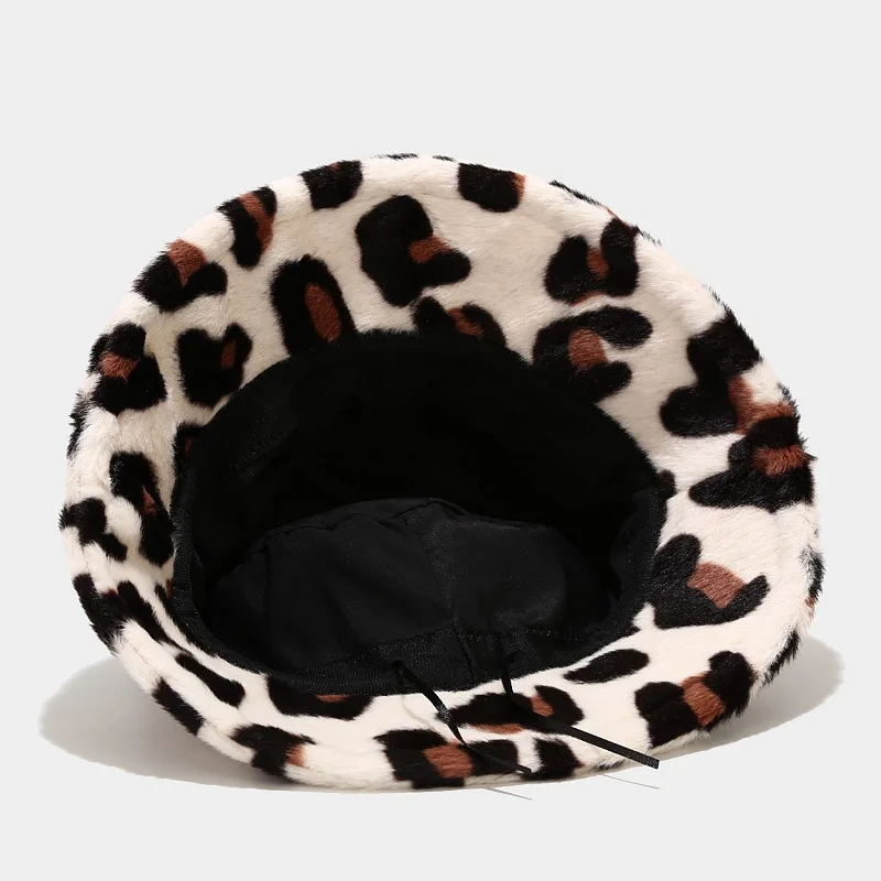 Wholesale Fashion Leopard Printed Pattern Warm Winter Faux Fur Furry Bucket Hat Fluffy Plush Fisherman Cap