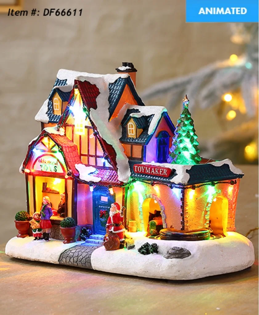 Lighted House Christmas Village Winter Houses with Led Light Christmas Figurines Christmas Winter Scene w Moving Seesaw & Music