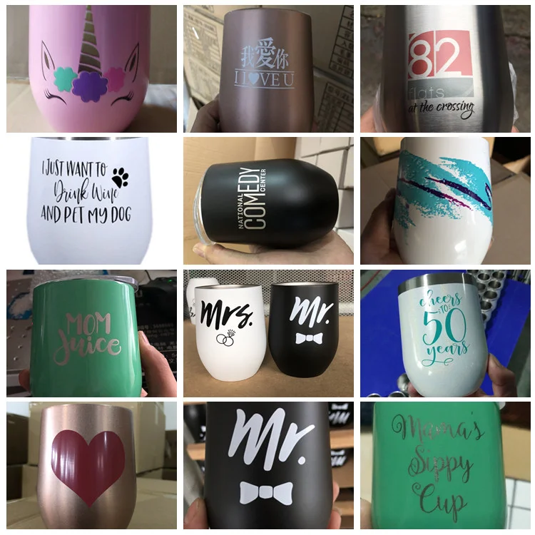 Custom Logo wine Egg Shaped coffee mug Glasses Stainless Steel Insulated Cups Powder Coating 12oz Stemless Wine Tumbler